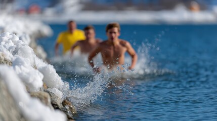 Fototapeta premium winter polar bear plunge, capturing brave souls in a traditional new years polar bear plunge, with icy water, steam, and expressions of shock and exhilaration suitable for adventure magazines