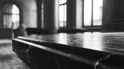 Elegant marble surface with reflections in a light filled architectural space