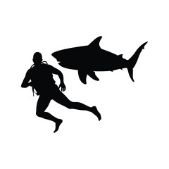 Silhouette of a Scuba Diver Swimming Away From a Shark Underwater Scene, shark swimming past diver silhouette vector illustration
