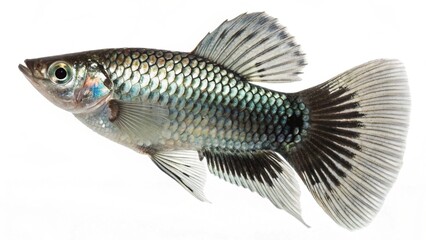 Fototapeta premium Realistic Molly fish (Poecilia sphenops) with shiny silver and black scales and flowing fins, swimming gracefully, isolated on a clean white studio background, detailed freshwater fish portrait, sharp