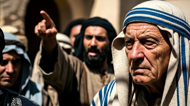 Ancient people in traditional clothing facing judgment in a middle eastern setting, with one man pointing his finger, historical film footage.