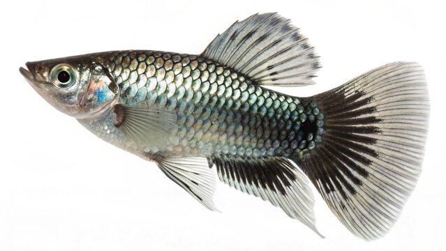 Realistic Molly fish (Poecilia sphenops) with shiny silver and black scales and flowing fins, swimming gracefully, isolated on a clean white studio background, detailed freshwater fish portrait, sharp