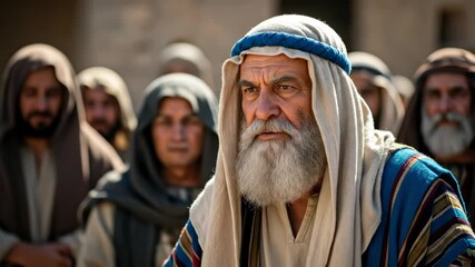 Elderly man speaking amongst people in ancient Middle Eastern setting, depicting biblical times, footage
