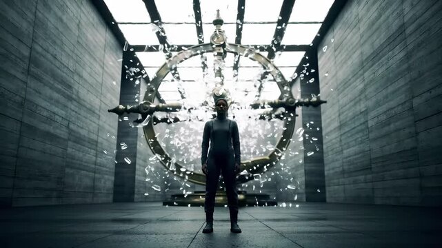 A determined Black woman activates a futuristic portal crafted from ancient brass, radiating mysterious white energy within a stark, monumental stone chamber.