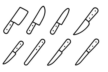 Different types of kitchen knives arranged in a neat pattern for culinary use and illustration