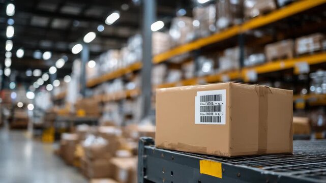 Close-up of a sealed cardboard box with printed barcode, resting neatly on metal shelving inside a vast organized warehouse, bright industrial lights above