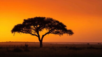 Fototapeta premium African Sunset Silhouette - Majestic Tree Against Fiery Sky.