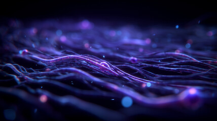 Flowing strands resembling neural fibers symbolize data streams and connectivity expressing the concept of distributed networks and continuous information flow.
