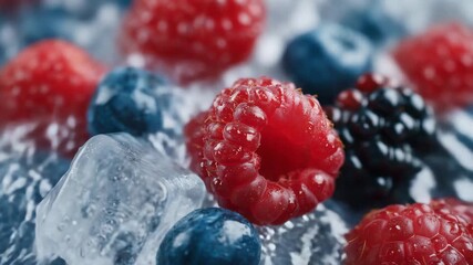 Close-up of fresh raspberries, blueberries, and blackberries with sparkling ice cubes and water droplets, vibrant colors glistening under summer light - Powered by Adobe