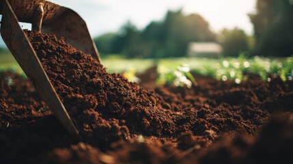 Fototapeta premium Close up of shovel scooping rich soil in a sunny garden environment