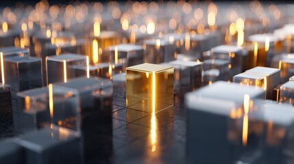 Abstract composition of illuminated 3 d cubes in a digital setting
