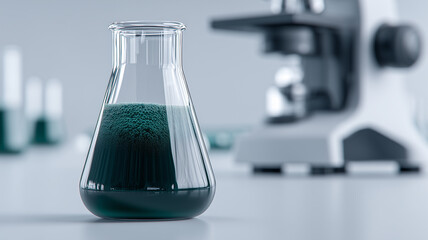 Erlenmeyer flask with experimental liquid in a laboratory near a microscope, symbolizing scientific research chemistry testing and innovation.
