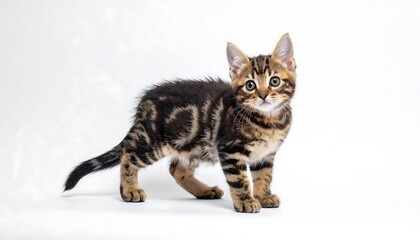 Obraz premium A small kitten, featuring brown and black tabby patterns, stands against a seamless white backdrop, head turned toward the camera