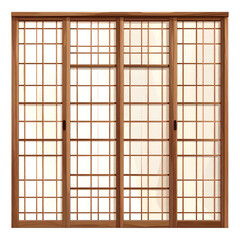 Four-panel, wood-framed sliding doors with paper-like inserts and intricate grid patterns