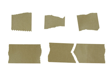Set of torn brown paper pieces isolated on transparent background. Collection of ripped cardboard scraps with rough edges and natural texture for collage or design use. PNG