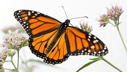 Fototapeta premium Realistic Monarch Butterfly with vibrant orange wings, black veins, and white spots, perched on a flower, isolated on clean white studio background, detailed insect portrait, sharp focus, professional