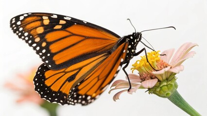 Realistic Monarch Butterfly with vibrant orange wings, black veins, and white spots, perched on a flower, isolated on clean white studio background, detailed insect portrait, sharp focus, professional