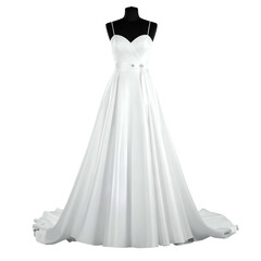 A classic white bridal gown with a sweetheart neckline on a mannequin