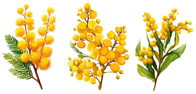 Bright yellow flower clusters with green foliage. Three sprigs of mimosa or similar flowers, detailed and colorful