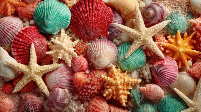Colorful seashells and starfish arrangement close up for design concepts