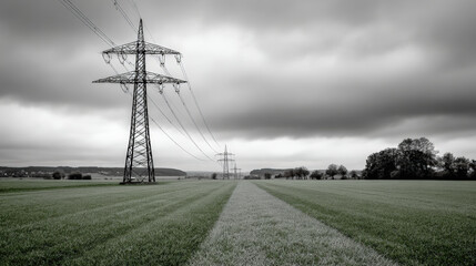 High voltage power line tower, steel structure, over green field under dramatic cloudy sky, rural landscape, energy distribution