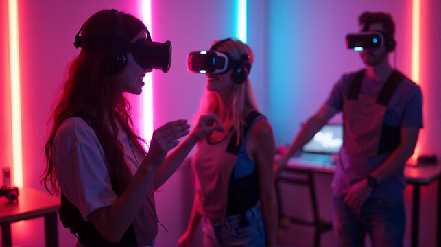 Group friend wearing VR headset playing game