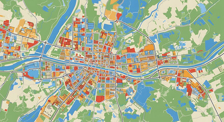 Fototapeta premium Abstract city map illustration showing a colorful grid layout of streets, buildings, and parks for urban planning analysis