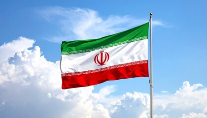 The Iranian flag waves on a silver flagpole against a vibrant sunset sky with scattered clouds