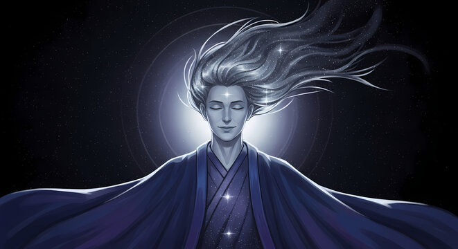 Serene cosmic being with starlit hair and flowing robes embodies celestial peace and spiritual enlightenment.