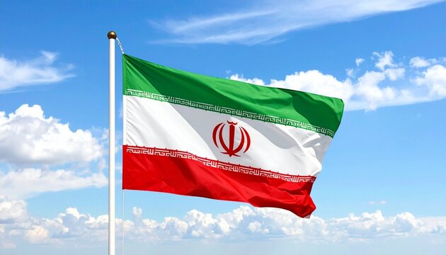 The Iranian flag waves on a silver flagpole against a vibrant sunset sky with scattered clouds