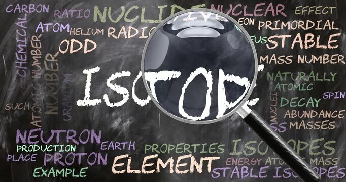 Isotope being studied, examined - under close inspection. Most important subjects and ideas closely related to isotope written on a blackboard inspected by a magnifying glass. Can be looped