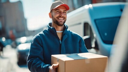An eager delivery person smiles with a package in a busy urban setting, embodying reliability, service, and the seamless delivery of goods.