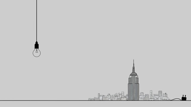 Minimalist grayscale illustration of an urban cityscape with a prominent skyscraper and an unlit hanging light bulb, symbolizing ideas and connection. - Powered by Adobe