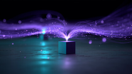 Data Fountain Emerging from a Cube Illustrating Aggregation, Orchestration and High Throughput Pipelines.
