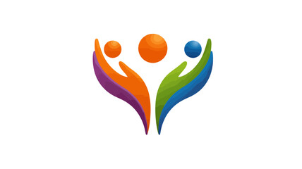 Vibrant abstract graphic of three colorful stylized human figures or hands reaching up, symbolizing unity, community, support, and success.