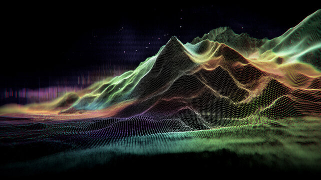 Point cloud mountains rising from a digital plain to depict elevation mapping, geospatial insight, and decision support driven by computational terrain analysis.
