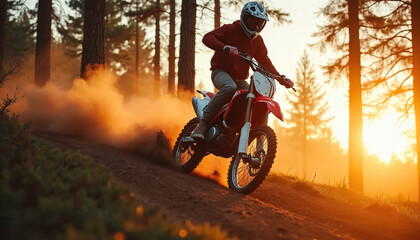 Motocross rider rides dirt bike in forest area. The motorcycle kicks up dust against the sunset background. Athletic male enjoys racing, speed and nature.