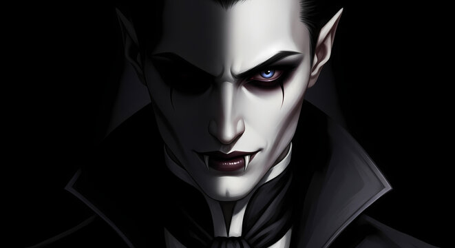 Intense vampire with striking blue eye and fangs stares menacingly from the shadows, exuding dark allure and gothic mystery.