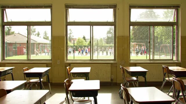 Empty classroom interior overlooking school children playing outside on the playground through window on sunny day, back to school.