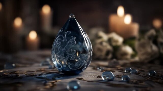 Ornamental water drop with ornate design on a tabletop with lighting