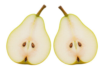 Isolated halves of pear, cross-section showing the core with seeds, ripe and juicy fruits