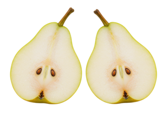 Isolated halves of pear, cross-section showing the core with seeds, ripe and juicy fruits
