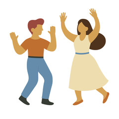 young couple dancing. Happy couple dancing together in flat vector style. Man and woman in retro-inspired outfits joyfully moving with raised hands. Simple colorful illustration on white background