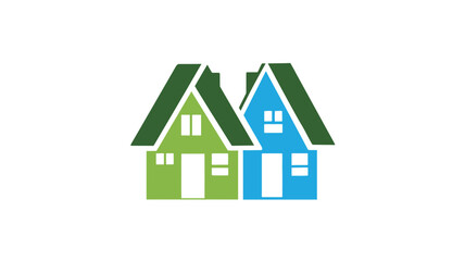 Stylized graphic illustration of two colorful houses, green and blue, side by side, symbolizing real estate, community, and housing.