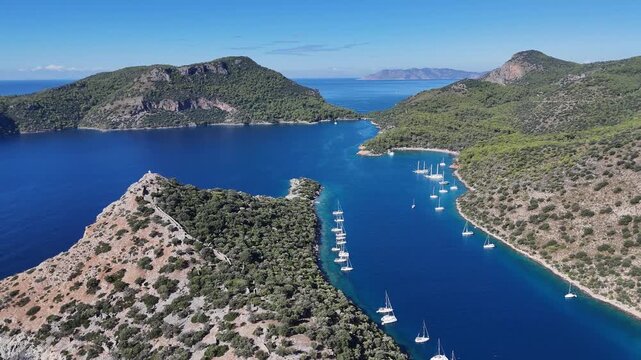 Aerial View of Gemile Island and Bay in Fethiye, Turkey