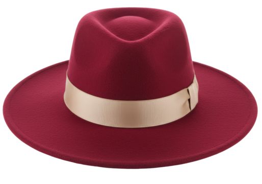 Isolated red stylish hat with a gold ribbon for women, trendy fashion accessory item