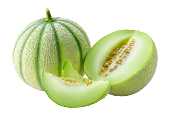 Fresh cantaloupe, whole and sliced, pale green, ribbed exterior, pale yellow interior, seeds visible