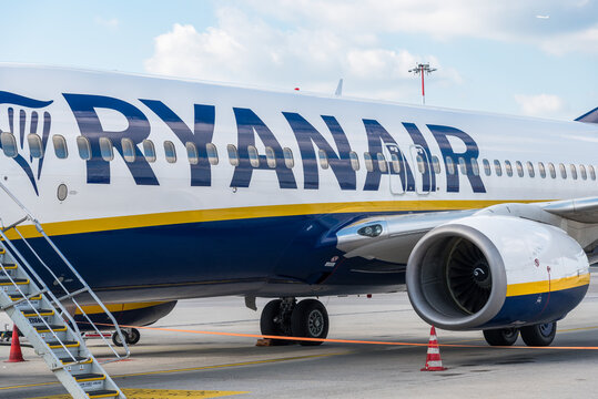Ferno, Milan-Malpensa, Lombardy, Italy - October 1, 2025: Boeing aircraft of low-cost airline Ryanair at Milan Malpensa International Airport.