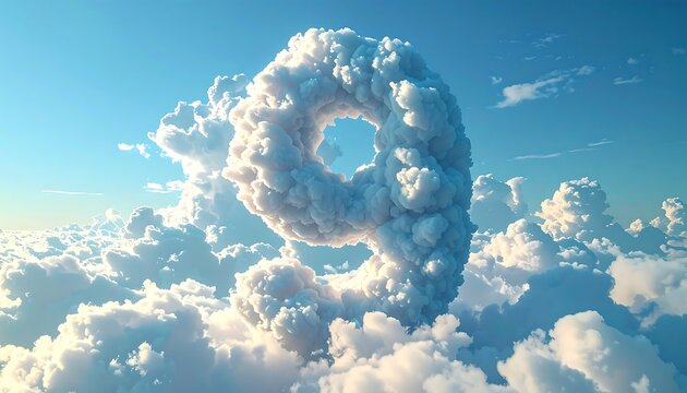 A rendered number nine formed from fluffy white clouds against a clear blue sky with other puffy clouds