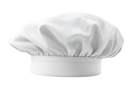A white chef's hat, full and rounded, sits centered against a plain black background.  The fabric appears smooth and slightly textured.  A visible seam circles the base
